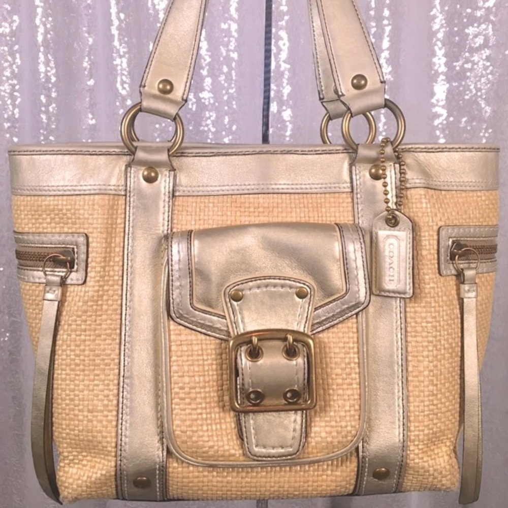 Coach Legacy Straw and Gold Metallic Leather Tote